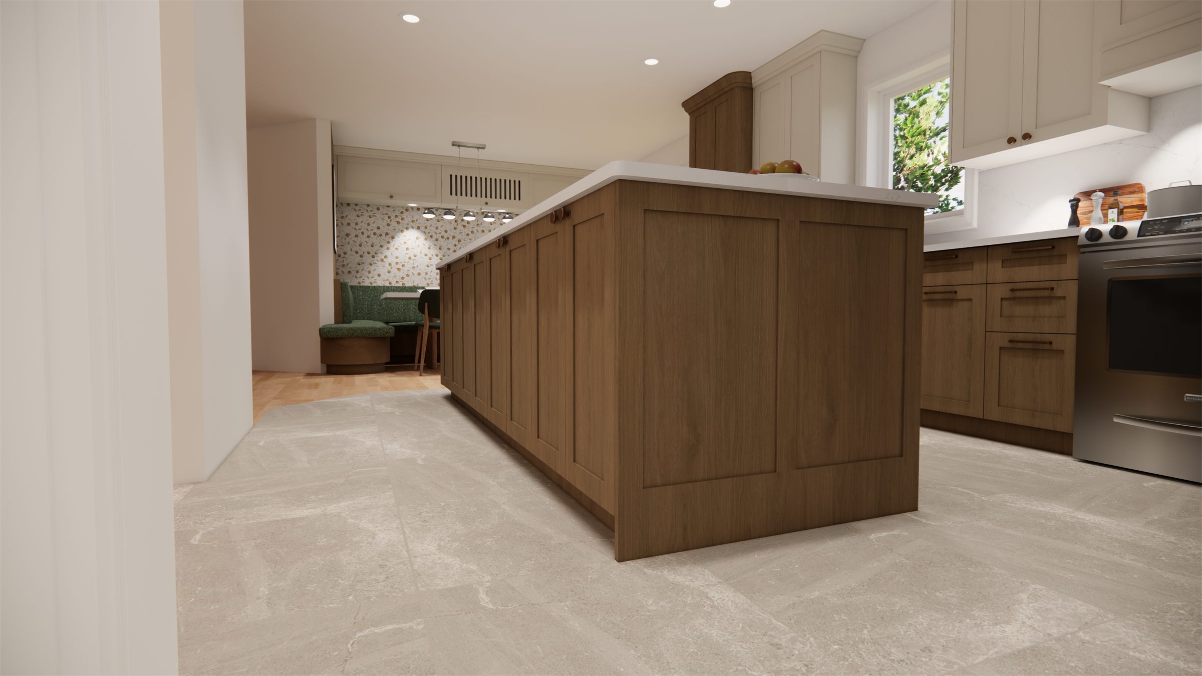 Rendu 3D de l'îlot de cuisine et de l'allée menant à la banquette de la salle à manger, résidence de Québec